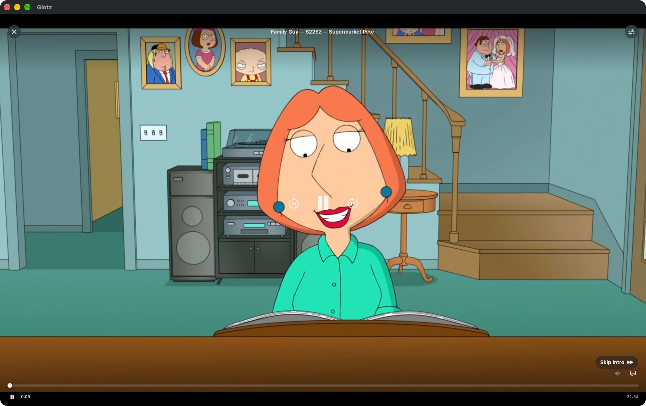 The Glotz player on the Mac: Family Guy, season 22 episode 2, at 0:03, with the Skip Intro button at the bottom right