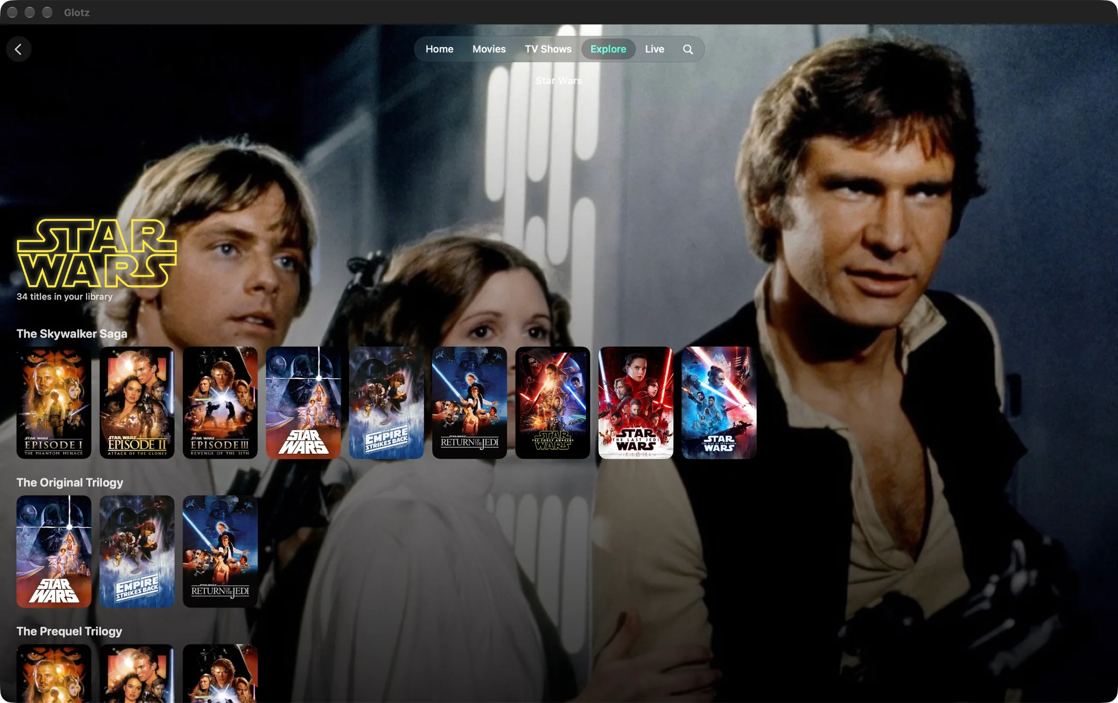 The Star Wars franchise in Glotz on the Mac: Skywalker Saga, Original Trilogy, Prequel Trilogy