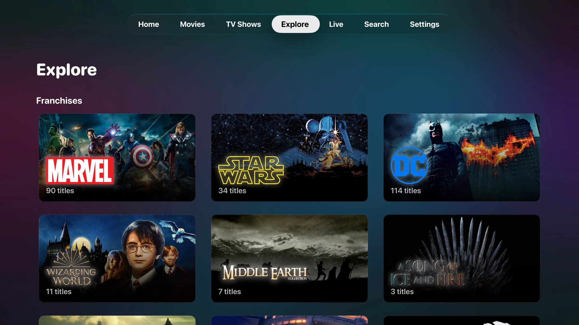 The Explore tab in Glotz on Apple TV with the franchises Marvel, Star Wars, DC, Wizarding World, Middle-earth and A Song of Ice and Fire