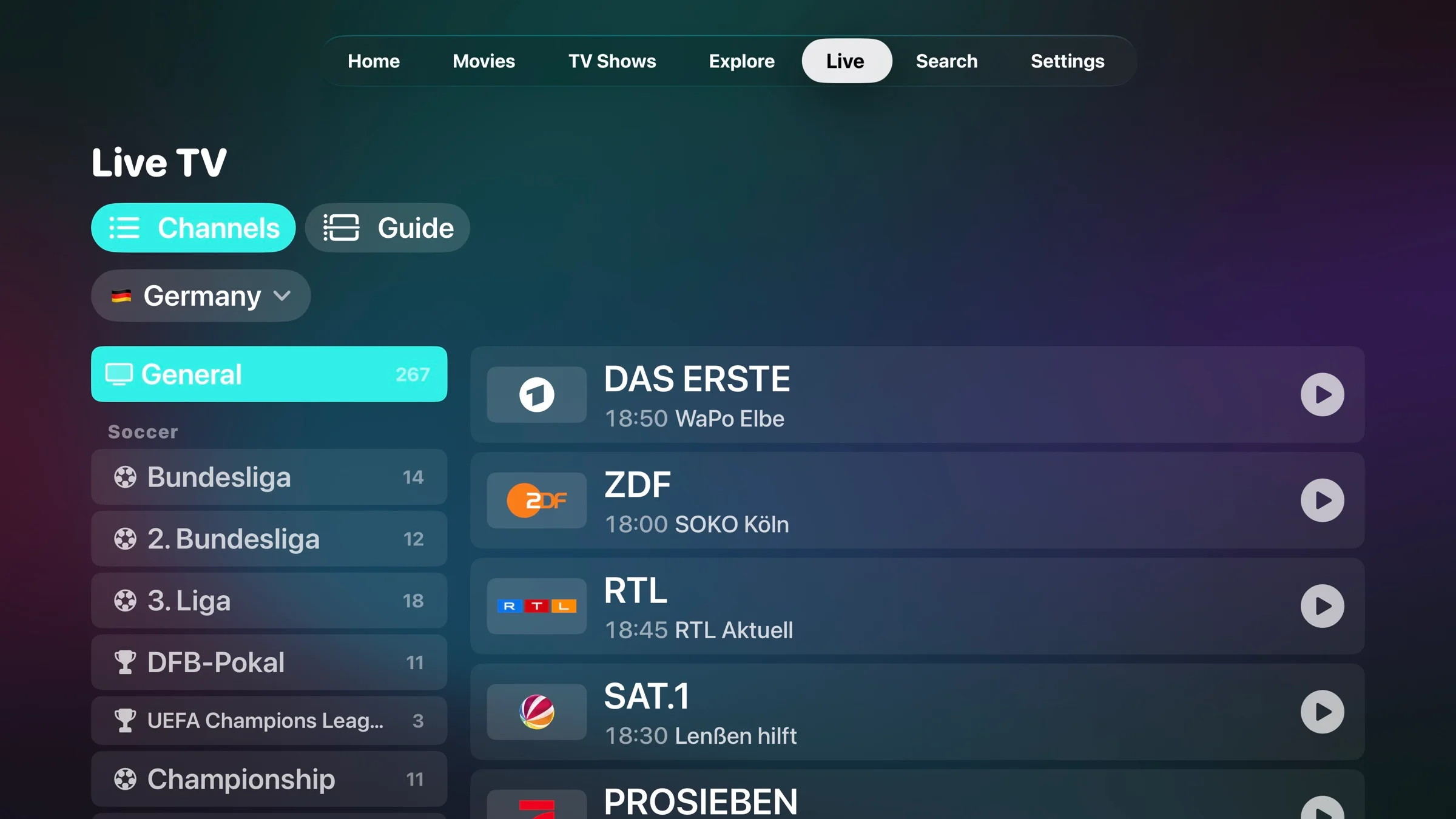 Live TV in Glotz on Apple TV: country Germany, categories General and the soccer competitions on the left, the channels Das Erste, ZDF, RTL, Sat.1 and ProSieben on the right